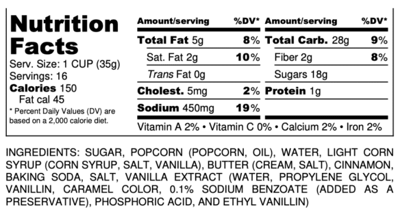 nutritional information for cinnamon crunch popcorn