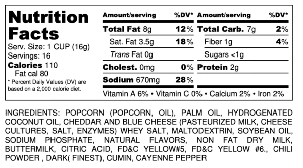 Nutritional label for Chili Cheddar Popcorn